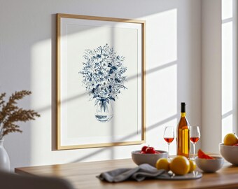 Trendy blue flowers in vase print, minimalist botanical line artwork, still life drawing, modern abstract floral poster, off white wall art