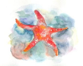 Starfish watercolour,  Nautical red starfish art, ocean life art, hand painted 8 by 10 in art, coastal fine art, Birthday gift idea for him