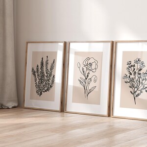 Puede incluir: Tres impresiones enmarcadas con dibujos de l&iacute;nea negra de diferentes flores sobre un fondo beige. Los marcos son de madera clara.