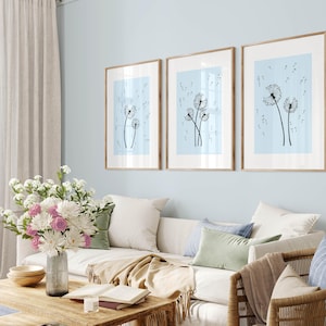 Blue Botanical Wall Art, Dandelions Wall Art, Over The Bed Decor, 3 Piece Minimalist Wall Art, Botanical Print Set, Printable Digital Art