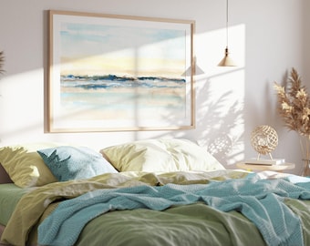 Arte de pared abstracto de horizonte y mar, arte de olas del océano y atardecer, impresión de amanecer, arte costero, acuarela de paisaje neutro, decoración de casa de playa