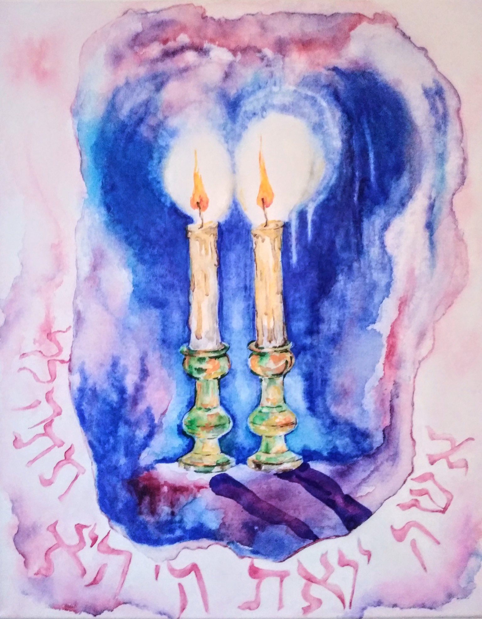 Shabbat Candles Watercolor Painting on Special Watercolor Canvas, Does