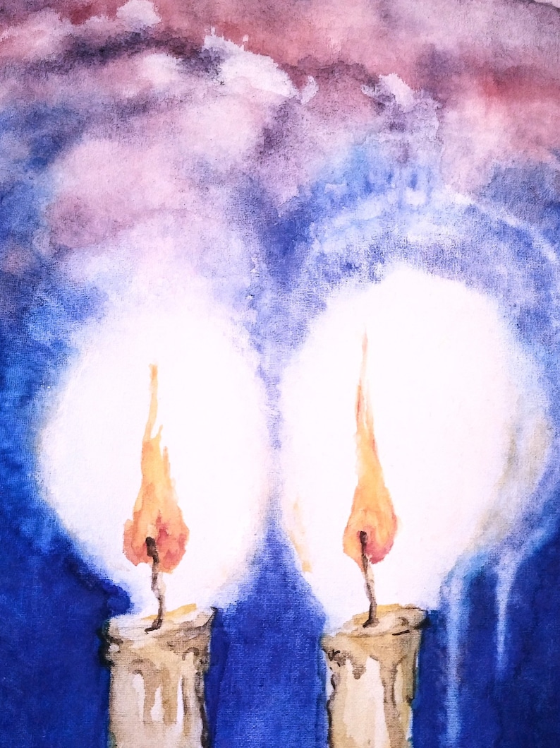 Shabbat Candles Watercolor Painting on Special Watercolor Canvas, Does
