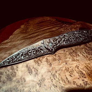 Custom Engraved Kershaw Leek – Elegant Folding Knife with Intricate Scrollwork Detailing (made to order)
