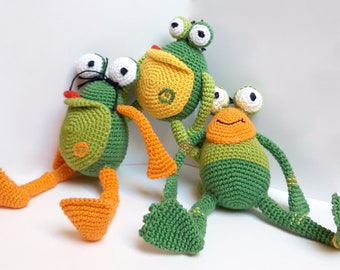 SMALL FROGS: with long legs - crocheted and embroidered