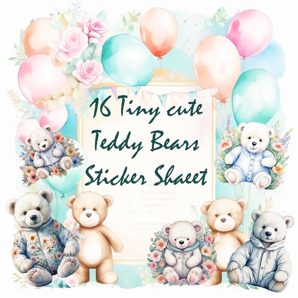 Tiny Teddy bears in Floral Pajamas stickers sheets, Stationary stickers, Watercolor Teddy Bears, Baby shower clipart