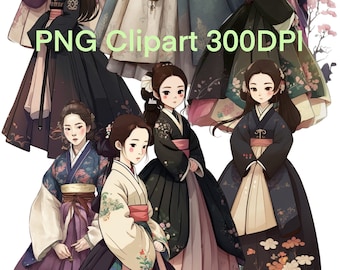 Watercolor Korean Hanbok Clipart, Girl Designs (PNG File)