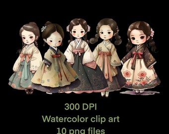 Korean Girl Hanbok Watercolor Clip Art (PNG File)
