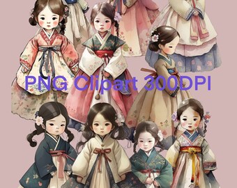 Watercolor Korean Hanbok Clipart, Girl Designs (PNG File)