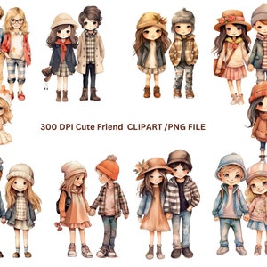 Boy & Girl Best friends clipart PNG, lindo amigo Clipart, niño y niña ilustración de moda arte digital, imágenes prediseñadas para niños, descarga instantánea