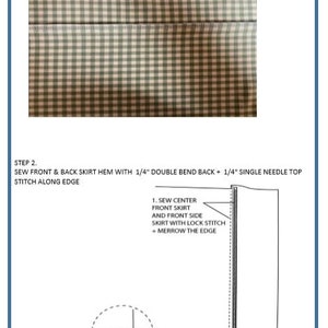 May include: Diagram showing how to sew a skirt hem with a 6.35 mm double bend back and a 6.35 mm single needle top stitch. The diagram includes instructions to sew the centre front skirt and front side skirt with a lock stitch and merrow the edge.