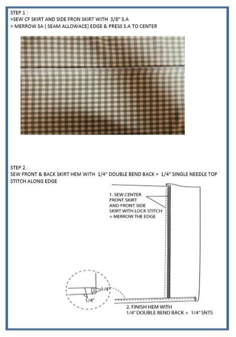 May include: Diagram showing how to sew a skirt hem with a 6.35 mm double bend back and a 6.35 mm single needle top stitch. The diagram includes instructions to sew the centre front skirt and front side skirt with a lock stitch and merrow the edge.
