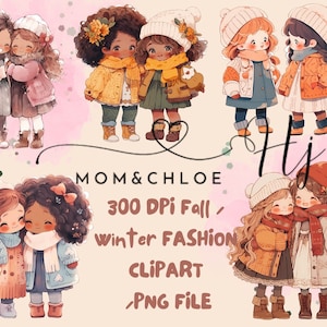 Linda niña mejores amigos otoño e invierno moda clipart PNG, imágenes prediseñadas de hermanas, imágenes prediseñadas familiares, imágenes prediseñadas de mejores amigos, descarga instantánea