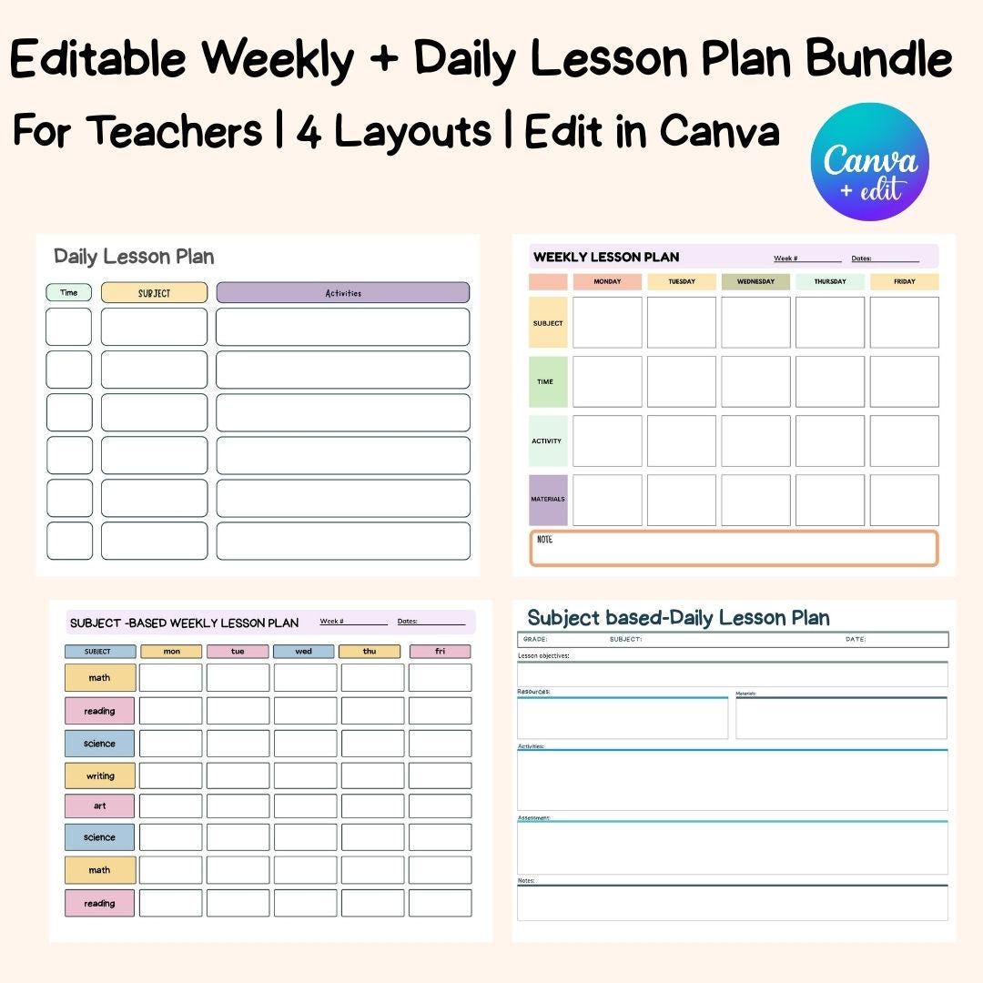 4 Editable Weekly + Daily Teacher Lesson Plan Bundle | Canva Template ...