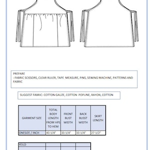 May include: A black and white line drawing of a sleeveless apron with ties. The drawing includes measurements for the garment size, total body length, front bust width, back bust width, and skirt length. The measurements are in inches. The drawing also includes information about the fabric needed to make the apron, including the fabric width, yardage needed, and bias tape width.