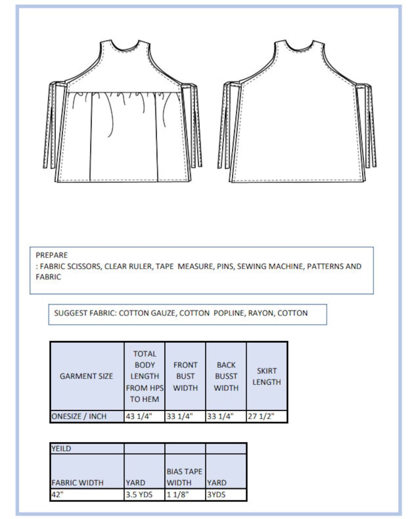 May include: A black and white line drawing of a sleeveless apron with ties. The drawing includes measurements for the garment size, total body length, front bust width, back bust width, and skirt length. The measurements are in inches. The drawing also includes information about the fabric needed to make the apron, including the fabric width, yardage needed, and bias tape width.