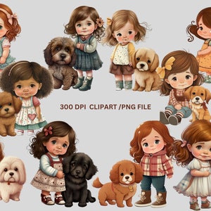 Kleines Mädchen mit niedlichen Hund Clipart, mein bester Freund Haustier Clipart, Mädchen mit Hund Clipart, digitale Kunst, sofortiger Download, kommerzielle kostenlos