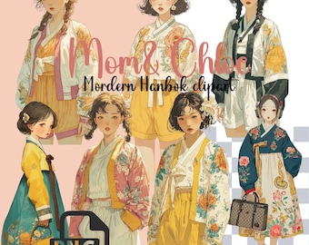 Modern Hanbok Clipart Set: Korean Fashion Illustration (Digital Download PNG Files)