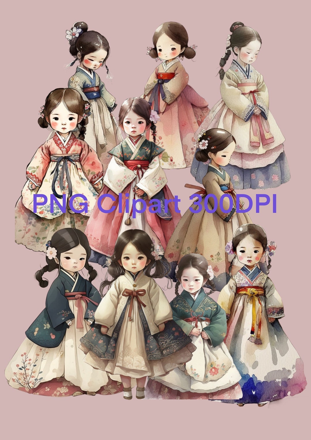 Korean Girl Hanbok Designs Clip Art, Watercolor Digital Clip Art