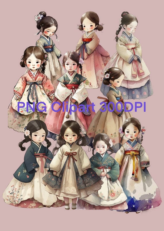 Korean Girl Hanbok Designs Clip Art, Watercolor Digital Clip Art