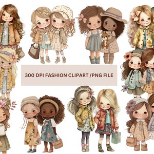 Kleines Mädchen Beste Freunde Clipart PNG, Schwestern Clipart, Kinder Clip Art, kleine Mädchen Mode Illustration digitale Kunst, sofortiger Download,