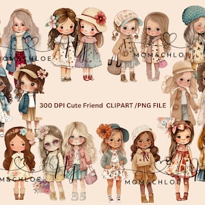 Kleines Mädchen Beste Freunde Clipart PNG, Schwestern Clipart, Kinder Clip Art, kleine Mädchen Mode Illustration digitale Kunst, sofortiger Download,