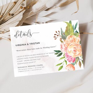 Floral Wedding Details Card Template, Modern Details Insert, Printable Canva and MS Word Template, Instant Download, Try Free Demo