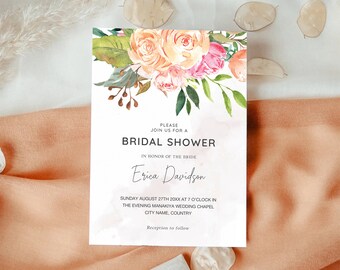 May include: A white card with a watercolor floral design and text that reads "Please join us for a Bridal Shower in honor of the bride Erica Davidson. Sunday August 27th 20XX at 7 o'clock in the evening Manakiya Wedding Chapel City Name, Country. Reception to follow."