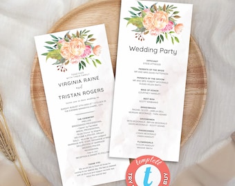 Wedding Program Template Canva, Modern Wedding Program templett, Watercolor Wedding Program, Printable wedding program, Floral program