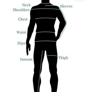 May include: A black silhouette of a person with measurement lines indicating areas for sizing, including neck, shoulders, chest, waist, hips, inseam, thigh, and sleeves. The image is designed to assist with taking body measurements for clothing.