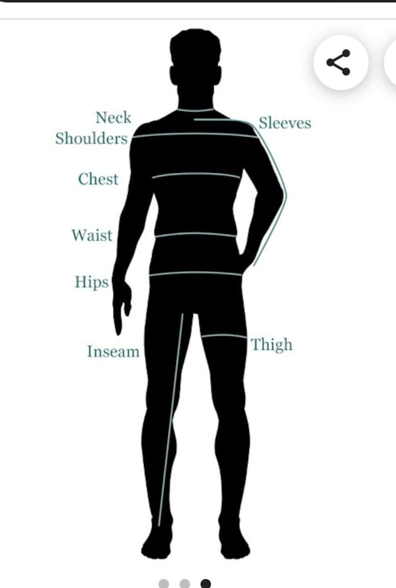 May include: A black silhouette of a person with measurement lines indicating areas for sizing, including neck, shoulders, chest, waist, hips, inseam, thigh, and sleeves. The image is designed to assist with taking body measurements for clothing.