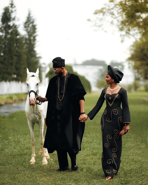 Elegant African Aso Oke Couple Set: Black and Gold Traditional Yoruba Wedding Attire
