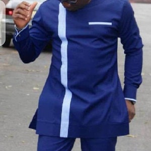 Blue with white stripe African men clothing, African groom suit, African fashion, African attire, Shirt and matching pant/ African best