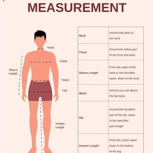 May include: An illustration titled "MALE BODY MEASUREMENT" shows a diagram of a person with measurement lines for neck, chest, sleeve length, waist, hip, and inseam length. Accompanying text explains how to measure each area.