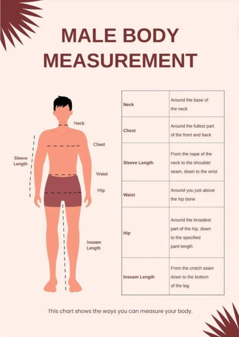 May include: An illustration titled "MALE BODY MEASUREMENT" shows a diagram of a person with measurement lines for neck, chest, sleeve length, waist, hip, and inseam length. Accompanying text explains how to measure each area.
