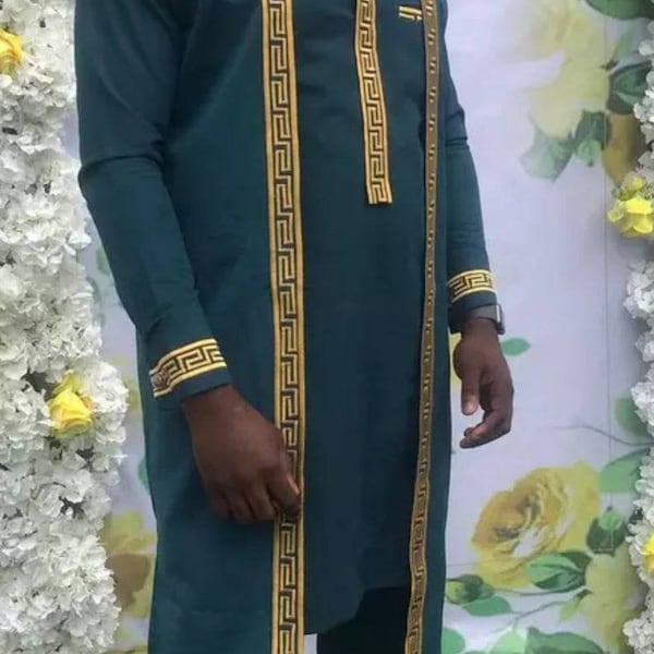 African Men's Kaftan: 3-Piece Cotton Wedding Outfit