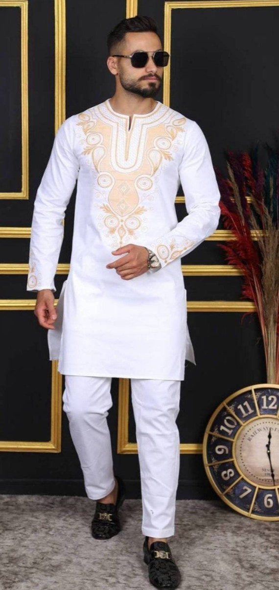 White and Gold Embroidered African Men's Suit: Custom Senator Wear