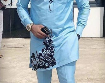 African Men's 2-Piece Outfit: Wedding Groom Suit, Embroidered Cotton