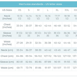 May include: A white chart titled "Men's size standards - US letter sizes" displays US sizes XS to XXXL with corresponding neck, chest, sleeve, and waist measurements in inches and centimeters.