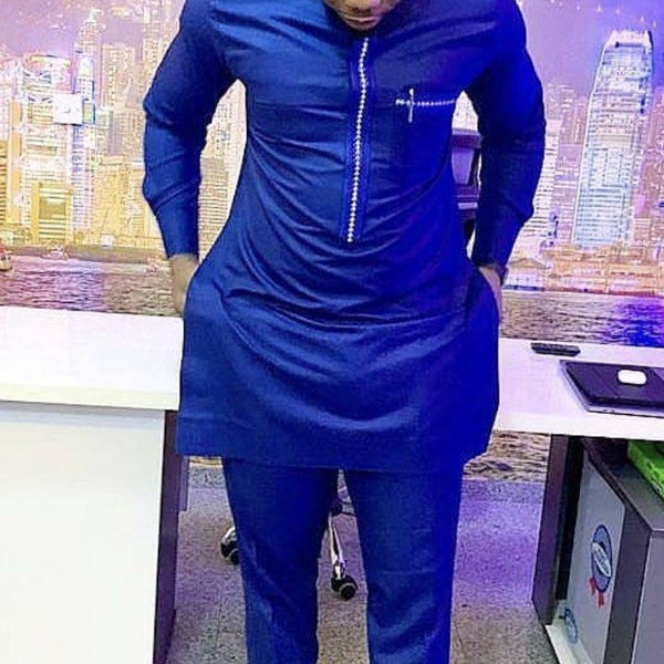 Elegant 2pcs Royal Blue African Outfit: suitable for Groomsmen, Wedding Guest, Birthday and Outings