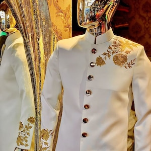 Men&#39;s White African Suit with Gold Embroidery | Elegant Traditional Ceremony Outfit for Men, Wedding, Groomsmen, Formal Occasion