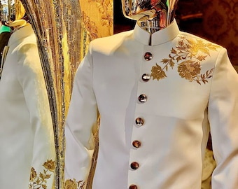 Men's White African Suit | Gold Embroidery Shirt and Pants