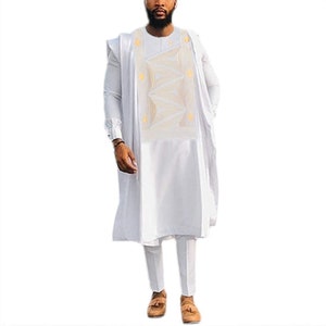 Tumininu White  African men 3pcs Agbada/ wedding suit/groom suit/ prom dress/groomsmen outfit/ Best Traditional wear
