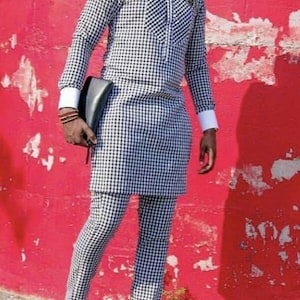 Afolabi African men clothing, 2 piece shirt and pants, men attire, Nigerian men fashion, wedding suit, grooms&#39; outfit, prom dress, checkers