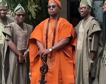 Men's Aso-Oke Agbada for Groom Traditional Wedding: Luxurious Orange African Wedding Attire with Fila