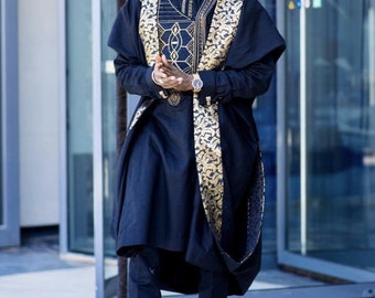 Navy Blue African Agbada Suit, Groomsmen Outfit