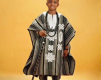 Elegant African kid's Asooke Agbada with hat: Traditional birthday Attire, kid's clothing