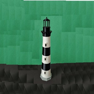 May include: A black and white lighthouse model with a black roof and a white base. The lighthouse has a black and white striped design.