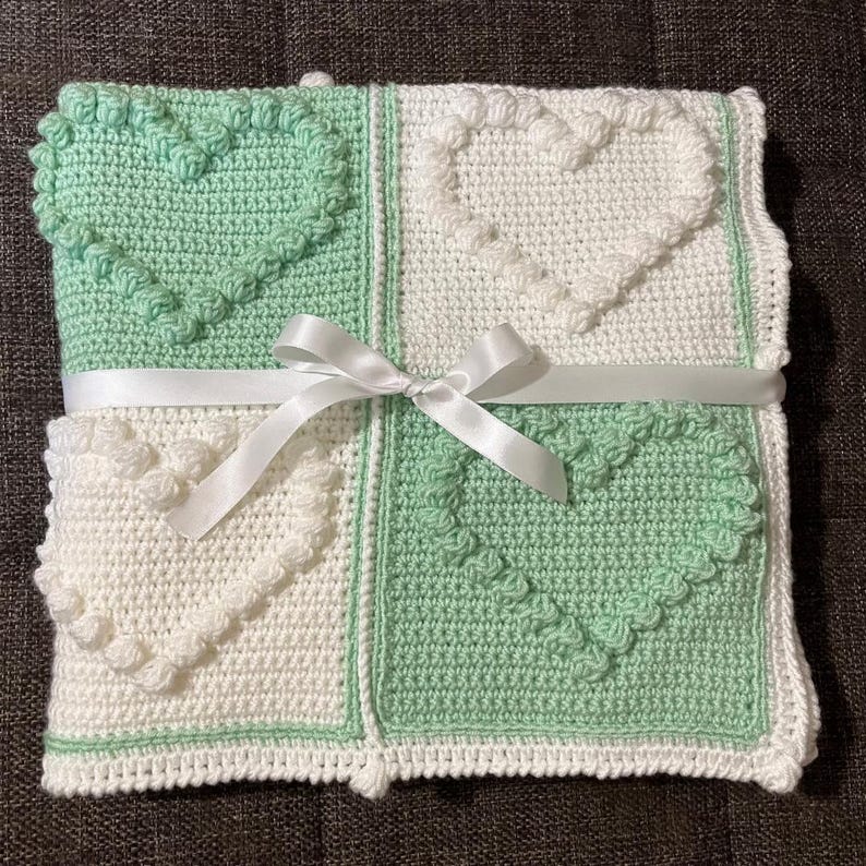 Handmade Crochet Green White Puff Heart Baby Blanket, Bobble Stitch