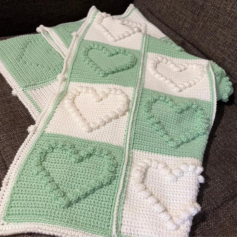 Handmade Crochet Green White Puff Heart Baby Blanket, Bobble Stitch